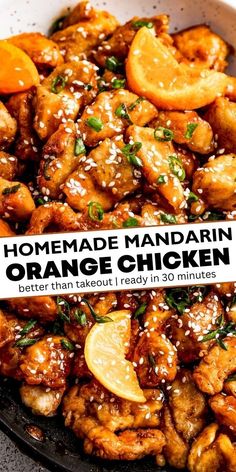 a bowl full of orange chicken with sesame seeds and garnish on the side