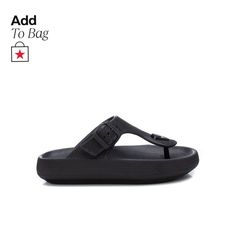 in stock Black Flip Flops With Buckle Closure For Vacation, Black Open Toe Flip Flops With Buckle Closure, Black Round Toe Flip Flops With Buckle Closure, Adjustable Black Flip Flops With Buckle, Trendy Black T-strap Sandals, Adjustable Black Flat Jelly Sandals, Black T-strap Flip Flops With Cushioned Footbed, Black Synthetic T-strap Sandals With Cushioned Footbed, Black T-strap Sandals With Cushioned Footbed For Vacation