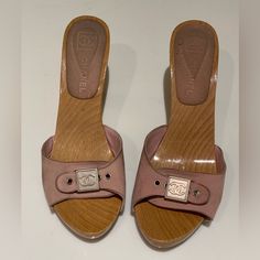 Vintage Pink Chanel Heeled Sandals Elegant Open Toe Clogs With 4-inch Heel, Designer Mules With 4-inch Heel, Luxury Sandals With Wooden Open Heel, Formal Summer Clogs With Reinforced Heel, Elegant Open Toe Summer Clogs, Elegant Open Toe Clogs For Summer, Luxury Open Toe Clogs With Removable Insole, Luxury Spring Heels With Wooden Heel, Elegant Summer Clogs With Padded Heel