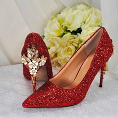 Stunning Red Glitter Cherry Blossom Embellished Bridal Heels Elegant Christmas Evening Heels, Elegant Formal Christmas Heels, Elegant Christmas Formal Heels, Elegant Evening Heels For Christmas, Red Rhinestone Wedding Heels, Glamorous Wedding Shoes For Holiday Season, Elegant Red Glitter Heels, Red Pointed Toe Wedding Shoes, Red Glamorous Wedding Shoes