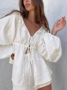 Cotton & Linen Cowgirl Melody Two Piece Shorts Set - AnotherChill Linen Party Outfit, Linen Two Piece, Linen Tops Women Summer Outfits, Simple Boho Outfits, Linen Set Women, Linen Set Outfit, White Linen Set, Linen Two Piece Set, Two Piece Shorts