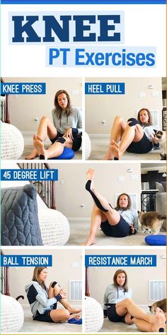 the instructions for how to do knee stretches on your feet and knees, with pictures showing