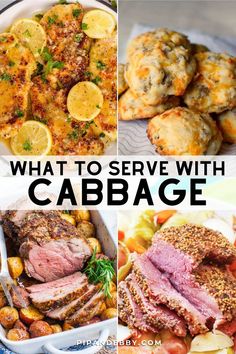 Collage of foods you can serve with cabbage. What Goes Good With Fried Cabbage, What To Serve With Cabbage Steaks, What Goes With Cabbage For Dinner, Meals With Cabbage As A Side, What To Serve With Cabbage Rolls, Pan Fried Cabbage Recipes, What To Eat With Cabbage, What To Make With Cabbage