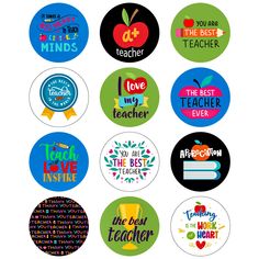 six different badges with the words teachers and apple logos on them, all in various colors