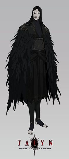 the character is dressed in black with feathers on his head and arms, standing next to a