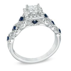 a diamond and blue sapphire engagement ring with the words vera wang love on it