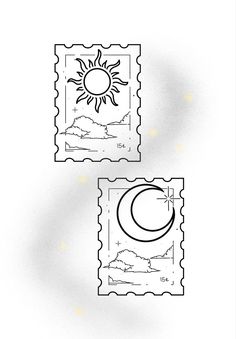 two stamps with the sun, moon and clouds on them are shown in black ink