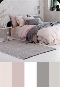 an image of a bedroom with pink and grey colors in it's interior color scheme