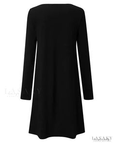 Lasaky - Long Sleeve V-Neck Dress with Scallop Trim Solid Color Crew Neck Dress For Fall, Fall Crew Neck Solid Color Dress, Fall Crew Neck Dress In Solid Color, Plain Long-sleeve Shift Dress, Plain V-neck Dress For Fall, Plain V-neck Fall Dress, Black Long Sleeve Plain Dress, Elegant Crew Neck Mini Dress, Casual Long Sleeve V-neck Dress For Work