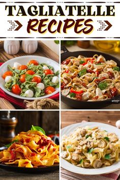 four different pictures with pasta and vegetables in them