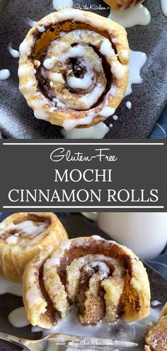 cinnamon rolls on a plate with icing drizzled over them and the words gluten - free mochi cinnamon rolls