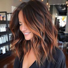 62 Best Auburn Hair Color Ideas for Every Skin Tone Autumn Hair For Brunettes, Fall Brown Hair Highlights, Fall Colored Hair Brunette, Auburn Root Smudge, Edgy But Professional Hair Color, Brown Into Red Bayalage, Med Length Fall Hair, Brown Hair Copper Peekaboo, Red Tint Balayage Hair