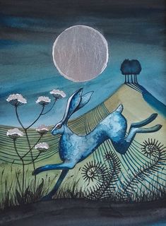 a painting of a blue deer running in the grass under a full moon and trees