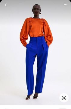 Contrast Outfit, Bright Pants, Orange Outfits, Bright Colored Outfits, Zara Trousers, Colour Combinations Fashion