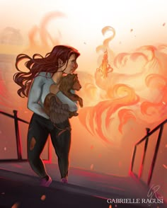 a woman holding a dog in her arms while walking up some stairs with flames behind her