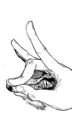 a drawing of a hand with an evil face on it's thumb and teeth