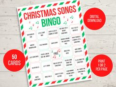 christmas song bingo game with red and green stripes on the side, surrounded by free printables