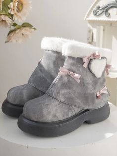 Bow Accents Gray Sweet Winter Boots Kawaii Winter Boots, Winter Boots Aesthetic, Girly Shoes Boots, Coquette Boots, Winter Oc, Kawaii Boots, Boots With Bows, Winter Kawaii, Cute Winter Boots