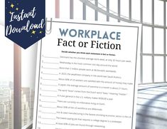 a sign that says workplace fact or fiction in front of a window with the cityscape behind it