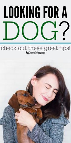 a woman hugging her dog with the words looking for a dog? check out these great tips