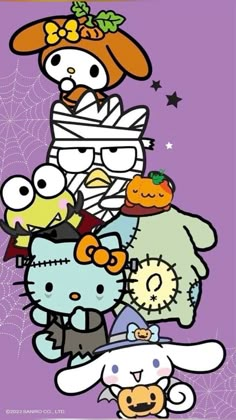 an image of hello kitty and her friends in halloween costumes with pumpkins on their heads