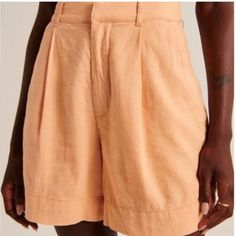 Women’s Abercrombie Peach Linen Tailored Shorts, New With Tags, Size Large Casual Peach Bottoms For Summer, Casual High Waist Peach Bottoms, Peach Short Length Bottoms, Pink Linen Shorts For Summer, Casual Pink Linen Shorts, Casual Peach Short Bottoms, Chic Pink Relaxed Fit Shorts, Peach Shorts For Summer, Peach Short Bottoms For Summer