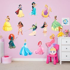 disney princess wall decals in a girls'room with pink walls and white furniture