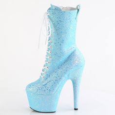 7" High Heel, 2 3/4" Platform Lace Up Glittery Ankle Boots. Inner Side Zipper Closure. Baby Blue Iridescent Glitter. Styles: Dance Clubbing Festival Disco Roda-1040-Ig Blue High Ankle Heels For Party, Fitted Light Blue Party Boots, Light Blue High Heel Party Boots, Glamorous Blue Round Toe Boots, Blue Glitter High Heels, Blue Glitter Heels With Round Toe, Glitter Ankle Boots, Zebra Print Heels, 7 Inch Heels