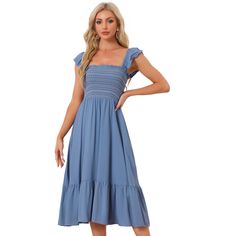 In a smocked front and contrast decor design, made of lightweight fabric, the dress can fill your outfit's collection in your wardrobe. The soft fabric makes flowy ruffles below the knee in a flared dress with a tiered-shirred hem. The midi dress is suitable for summer and many occasions, such as casual, dating, cocktail parties, weekend gatherings, beaches, travel, and daily wear. Maxi Bodycon Dress, Casual Dating, Ruffle Fabric, Midi Sundress, Grey Midi Dress, Maxi Sundress, Target Dresses, Mini Sundress, Ballet Dress