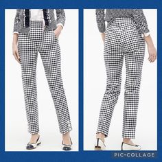 J. Crew Remi Pant J. Crew’s Favorite Pant Silhouette In A Black Gingham Print With Supercute Buttons At The Cuff Size 8 Approximate Measurements Laying Flat: Waistband - 15-1/4” Front Rise - 12” Inseam - 27-1/2” Features A Slightly Slimmer Than A True Straight Leg, Flattering High Rise And Wide Waistband, Invisible Side Zipper, Streamlined Back Seams, And A Cropped Ankle With Button Slits In J. Crew's Customer-Favorite Easy-To-Move-In Bi-Stretch Cotton (96% Cotton, 4% Elastane) Machine Wash Styl Classic Houndstooth Pattern Bottoms, Elegant Spring Pants With Houndstooth Pattern, Elegant Houndstooth Pants For Spring, Elegant Spring Houndstooth Pants, Fitted Tapered Leg Pants With Houndstooth Pattern, Fitted Bottoms With Houndstooth Pattern, Chic Fitted Plaid Bottoms, Gingham Trousers For Fall, Fitted Houndstooth Bottoms For Workwear