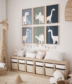 a child's room decorated in neutral tones with dinosaur silhouettes on the wall