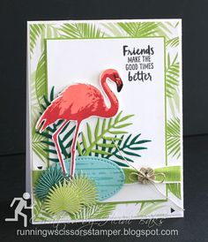 a card with a pink flamingo on the front and green palm leaves in the back