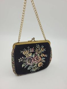 This listing is for a vintage La Marquise Italian floral tapestry purse evening bag hand bag. Body of this purse measures 5.5 inches tall by 6.5 inches wide,  with the chain measures 10 inches tall.  This is marked appropriately and has a kiss lock closure with no condition issues. Vintage Evening Bag In Tapestry Material, Vintage Tapestry Bag For Evening, Vintage Square Evening Bag, Vintage Tapestry Shoulder Bag For Evening, Vintage Tapestry Bag For Formal Occasions, Vintage Embroidered Rectangular Clutch, Vintage Tapestry Pouch Bag, Vintage Formal Tapestry Bag, Formal Vintage Tapestry Bag