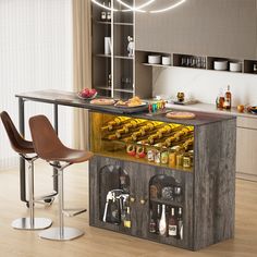 a kitchen with a bar and stools next to the counter that has food on it