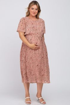 A plus size maternity dress perfect for stylish moms-to-be!  A chiffon maternity plus size midi dress featuring a rounded neckline, short ruffle sleeves, a pleated skirt, a keyhole back with a button closure and double lined for added coverage. The Light Pink Floral Pleated Chiffon Maternity Plus Midi Dress is perfectly bump-friendly! Maternity Floral Print Flowy Midi Dress, Spring Maternity Dress In Pink, Nursing Friendly, Plus Size Maternity Clothes Pinkblush Maternity, Fitted Pink Floral Print Maternity Dress, Spring Pink Nursing-friendly Maternity Dress, Plus Size Maternity Dresses, Stylish Mom, Pink Blush Maternity, Plus Size Pregnancy