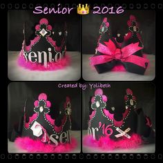 this is a collage of princess crowns with pink and black feathers on the bottom