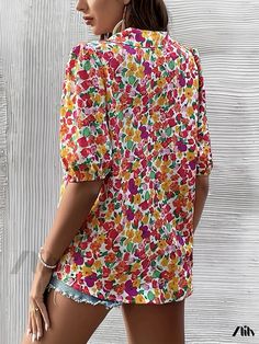 Zlily - Stylish Floral Print Button Front V-Neck Blouse: Comfortable Lantern Sleeve Blouse Ideal for Spring & Summer, Womens Fashion V-neck Beach Top With Button Closure, Summer Multicolor Split Neck Tops, Multicolor Split Neck Summer Top, Multicolor Split Neck Top For Summer, Chic Multicolor Top With Split Neck, Chic Multicolor Split Neck Tops, Summer Blouse With Split Neck And Buttons, Summer Split Neck Blouse With Buttons, Spring Split Neck Tops With Buttons