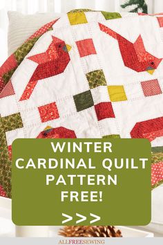 the winter cardinal quilt pattern is shown with text overlay that reads, winter cardinal quilt pattern free