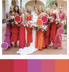 a group of women standing next to each other in front of a building with color swatches