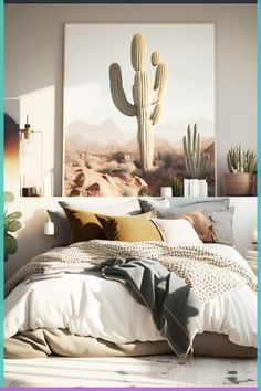 a bedroom with a cactus painting on the wall