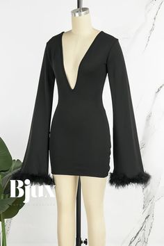 Bjux - Elegant Patchwork Feather V-neck Pencil Skirt Dresses exuding Sophistication Chic Fitted V-neck Dress For Winter, Elegant V-neck Mini Dress For Winter, Cocktail V-neck Dress With Feather Trim, V-neck Mini Dress With Feather Trim For Cocktail, Elegant Feathered V-neck Dresses, Fitted V-neck Dress With Feather Trim, V-neck Mini Dress With Feather Trim For Party, V-neck Feather Trim Dress For Night Out, V-neck Mini Dress For Club In Winter