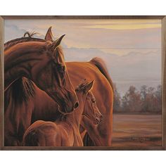 an oil painting of horses and their foals