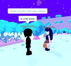 two people standing in the snow talking to each other with an empty speech bubble above them