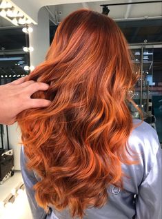 Bright Red Copper Hair, Orange Hair With Dark Roots, Bright Copper Hair With Highlights, Red Hair Cuts, Copper Hair With Highlights, Bright Orange Hair, Bright Copper Hair, Pretty Red Hair