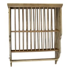 a wooden shelf with metal bars on it