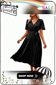 Black V Neck Tie Waist Short Sleeve Casual Dress Black Belted Dress For Day Out, Black Belted Maxi Dress For Summer, Casual Black Belted Midi Dress, Spring Black Belted Midi Dress, Summer Black Belted Midi Dress, Black Belted Midi Length Maxi Dress, Black Belted Midi Dress With Short Sleeves, Black Fitted V-neck Dress With Short Sleeves, Black V-neck Short Sleeve Dress For Day Out