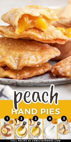 peach hand pies are stacked on top of each other with the words peach hand pies below them