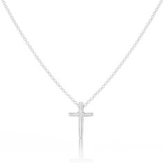 A traditional gift with distinction, the delicate Faith Diamond Cross Necklace is modern, symbolic jewelry for special and religious occasions. A rounded cross necklace set with a genuine 1pt diamond set on an adjustable chain to grow with her and represent her faith as she participates in important rites of passage throughout her young life. A beautiful necklace for newborns, given as a contemporary Baptism gift, her first Holy Communion jewelry or confirmation gift for a girl that can be worn Minimalist Crucifix Charm Necklace As Gift, Classic Crucifix Jewelry For First Communion, Mother's Day White Gold Cross Pendant Jewelry, White Gold Cross Jewelry For Mother's Day, White Cross Necklace For Mother's Day, White Gold Cross Necklace For First Communion, Mother's Day White Gold Cross Jewelry, Mother's Day Cross Pendant Necklace, Sterling Silver White Gold Necklace For First Communion