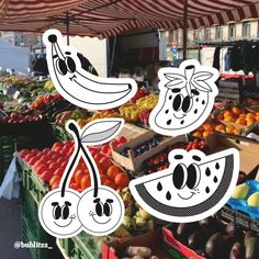 an outdoor market with fruit and vegetables for sale