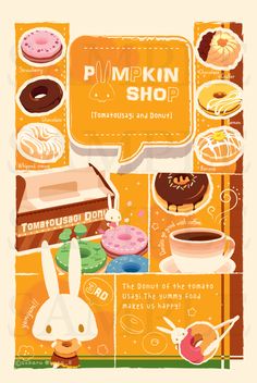 an advertisement for pumpkin shop with donuts, doughnuts and other things in the background